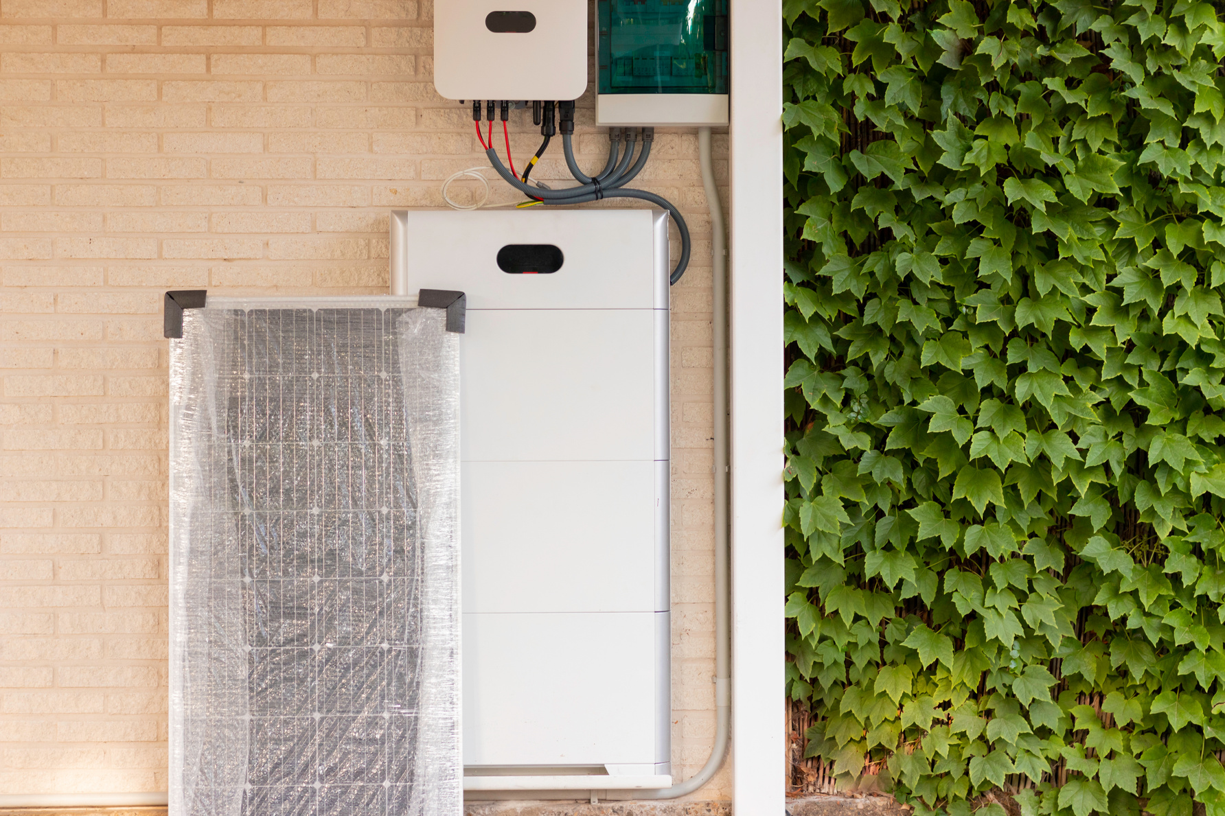 Electrical system for solar energy installation with solar panel, battery and inverter with plants on one side
