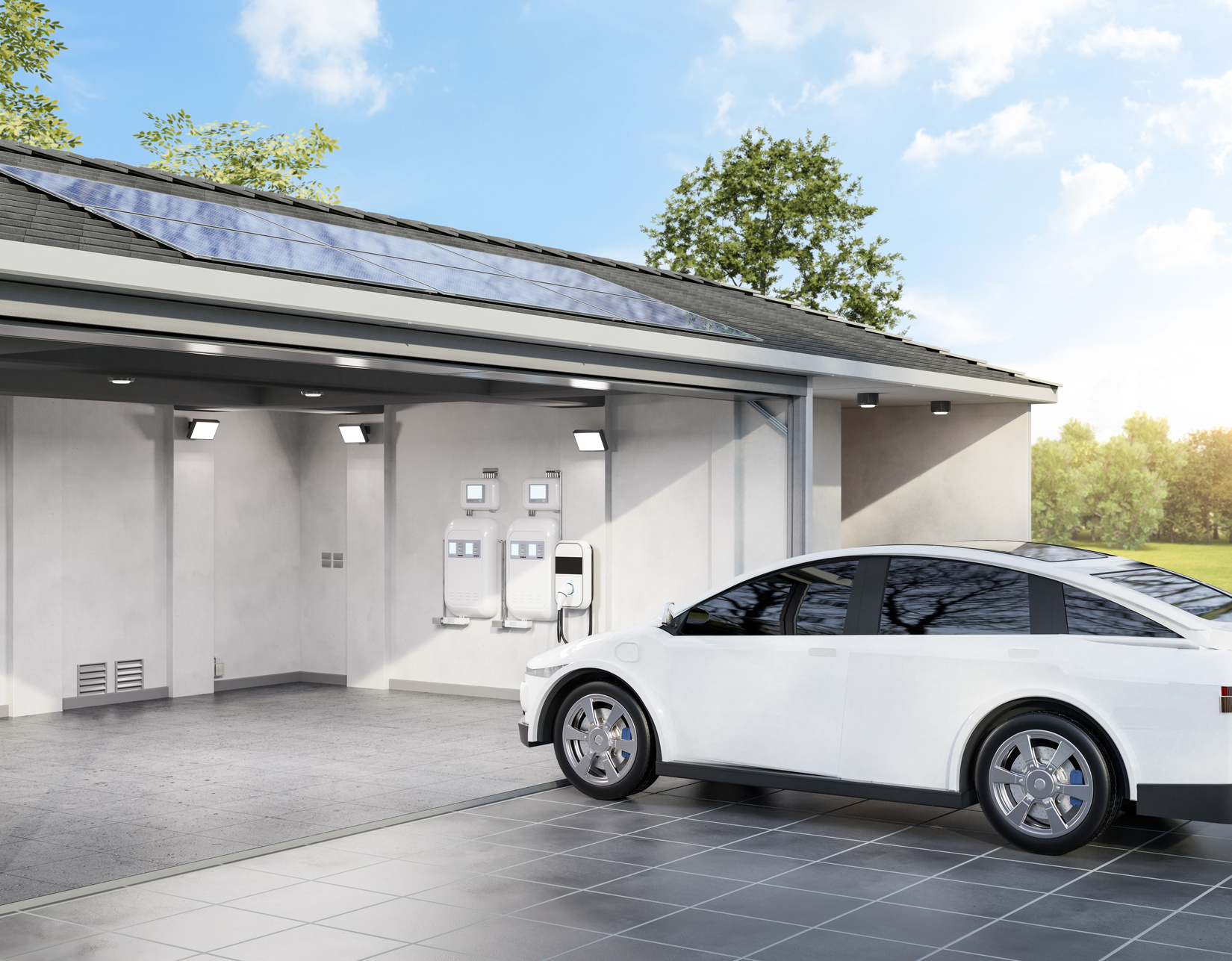 Solar panel on roof generate electricity for home garage with ev
